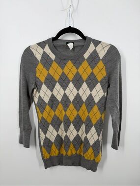 Y2K J. Crew White Yellow Gray 100% Merino Wool Argyle Sweater